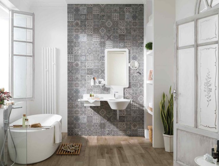 blue and gray patchwork wall tile