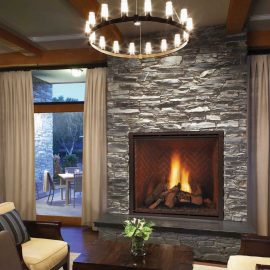 fireplace with bench