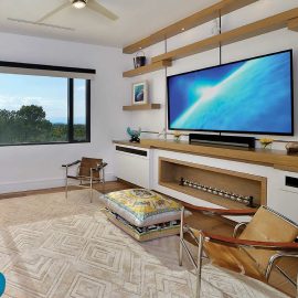 Custom floating wood and steel shelves