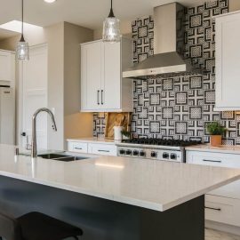 kitchen with geometric backsplash