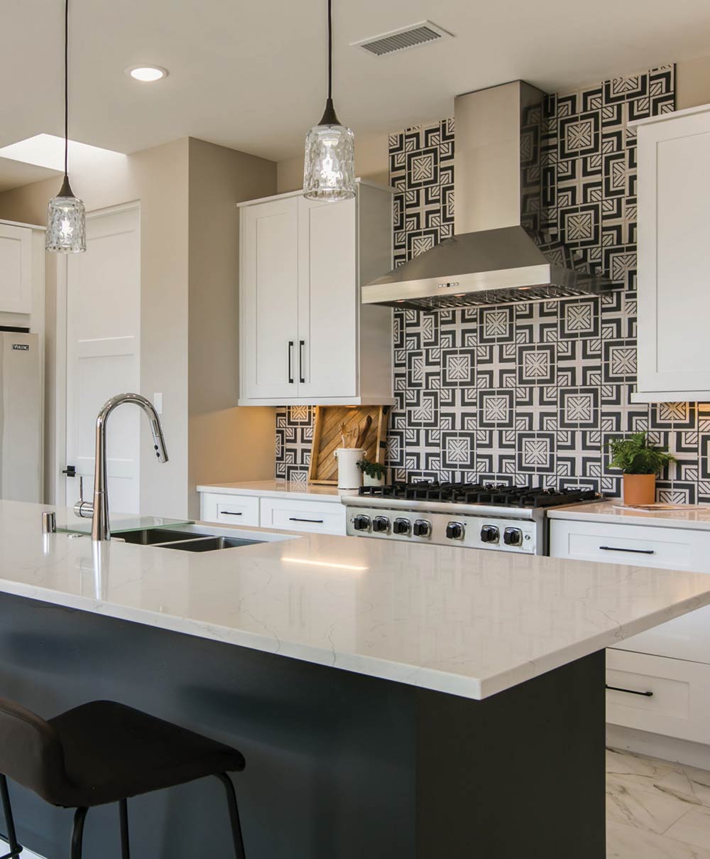kitchen with geometric backsplash