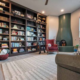 living room with kiva fireplace
