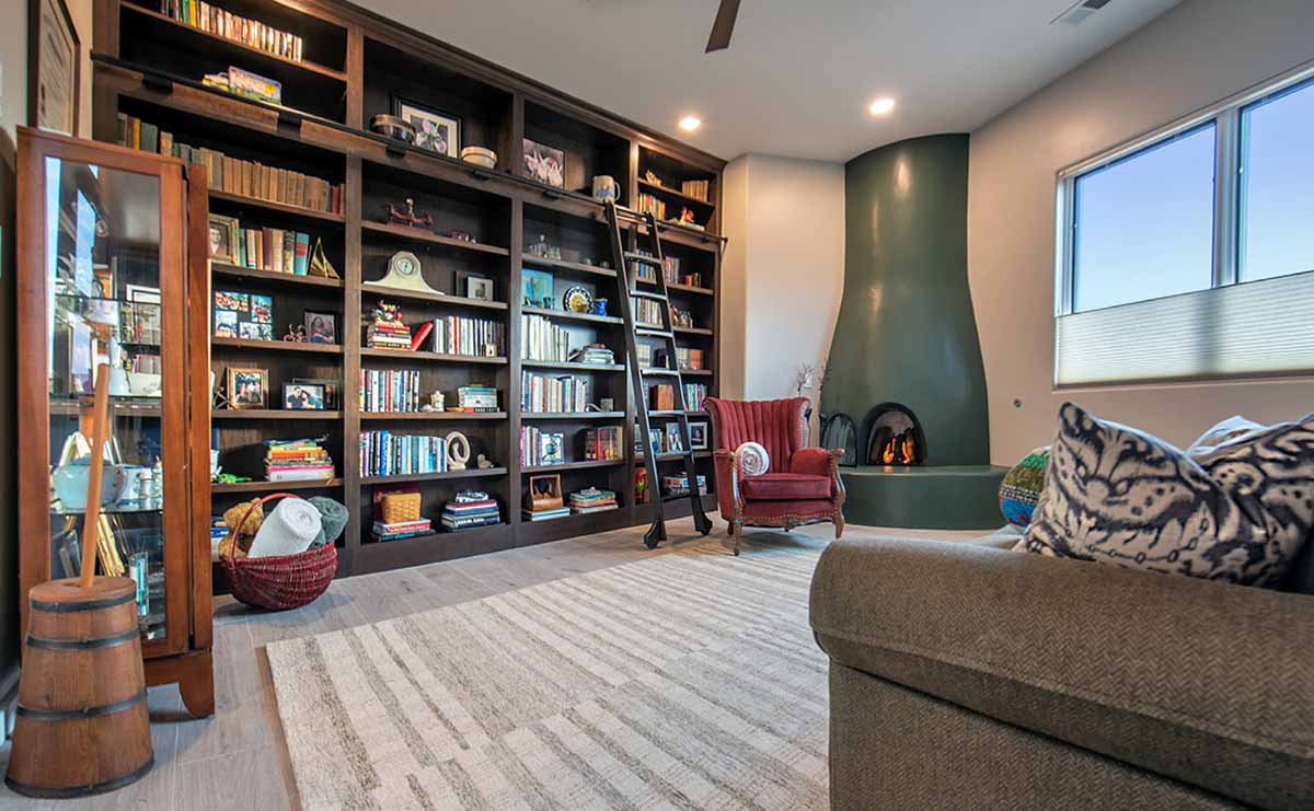 living room with kiva fireplace