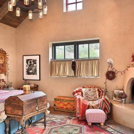 bedroom with kiva fireplace