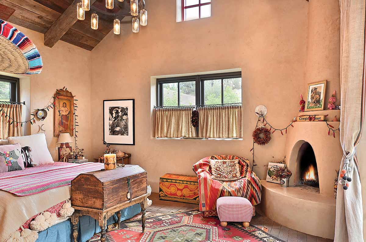 bedroom with kiva fireplace