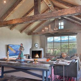 living room and kiva fireplace