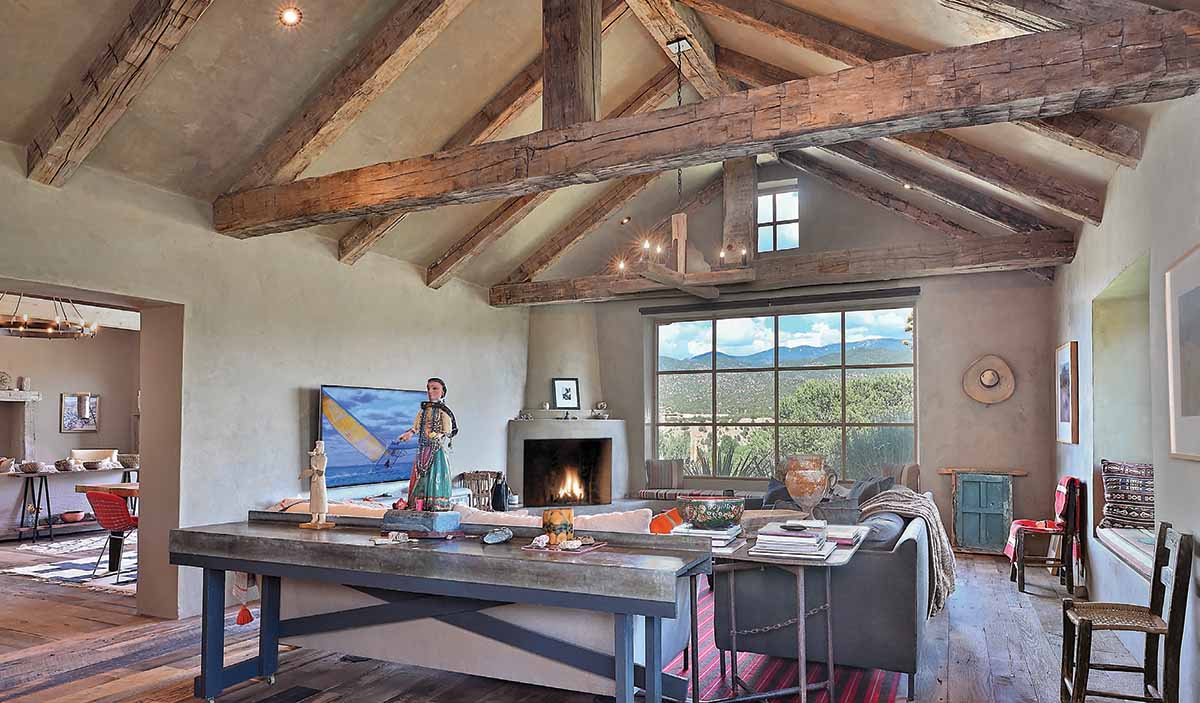living room and kiva fireplace